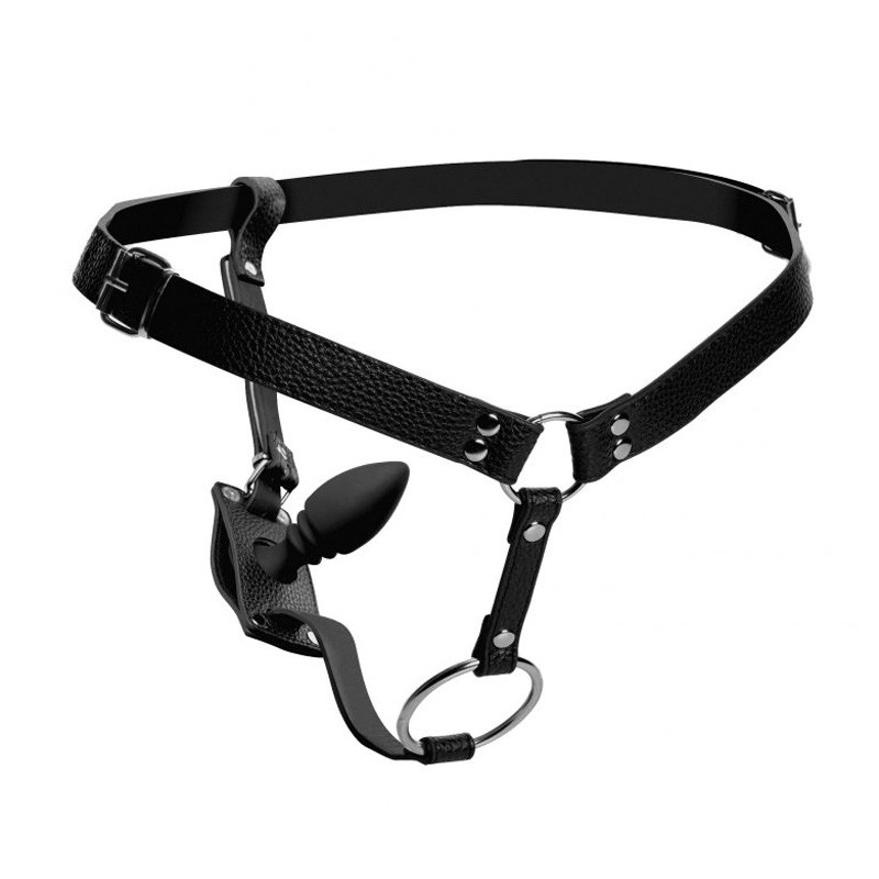 Buy the Male Faux Leather Harness with Silicone Anal Plug & Cockring - XR  Brands Strict