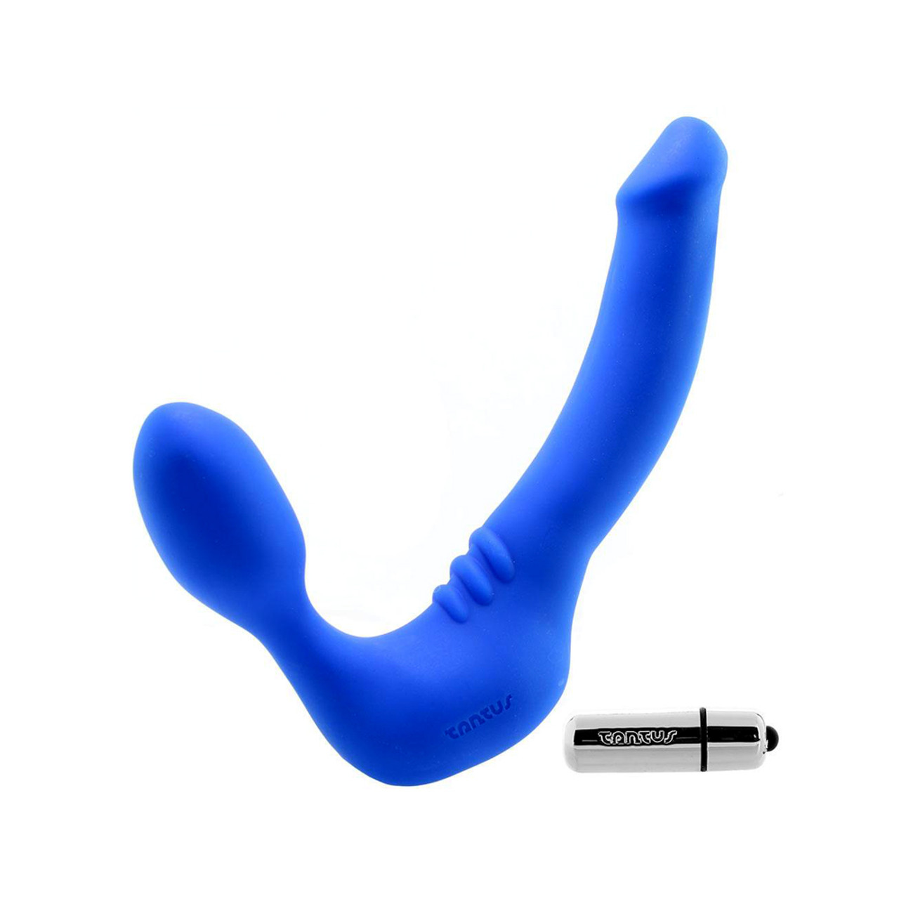 Buy the Strapless Strap-On Slim Vibrating Realistic Premium Silicone Feeldoe Dildo in Blue image