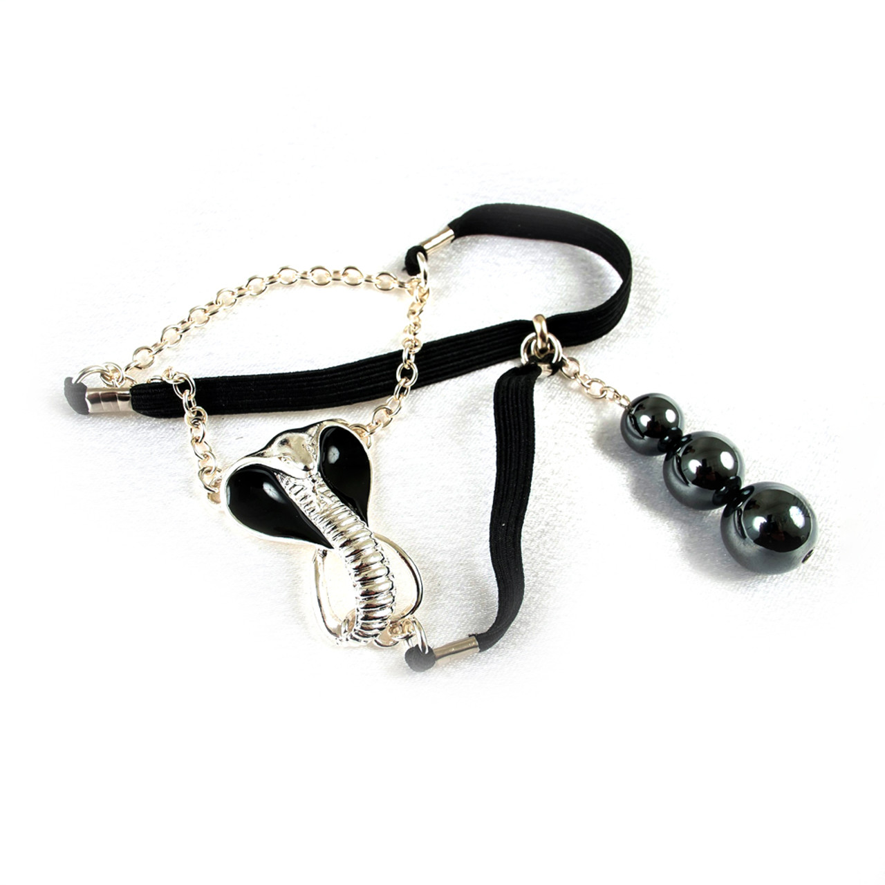 Sylvie Monthule The Breath of Pleasure Men's Silver & Black Sacred Cobra  Penis Chain with Hematite Testicle Pendants