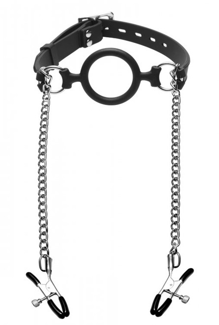 Master Series Mutiny Silicone O-Ring Gag with Nipple Clamps