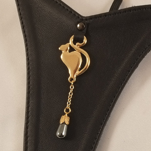 Sylvie Monthule Women's Gold Leather G-String with Cat and Hematite Pendant