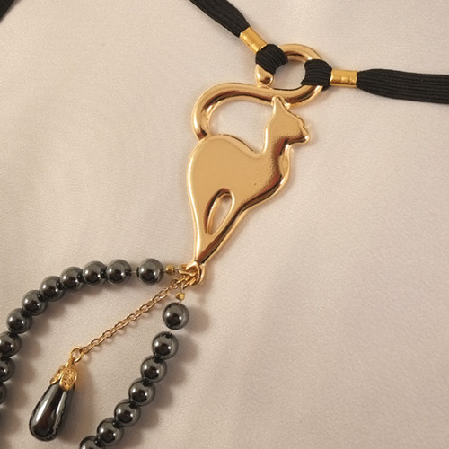 buy the Women's Gold Beaded G-String with Full Moon Cat and Dangling Hematite Jewel clitoral pendant and bead chain - Sylvie Monthule made in France