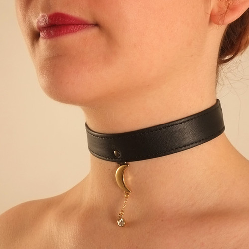 Sylvie Monthule Women's Leather Collar with Gold Moon Dangler and Crystal Gem