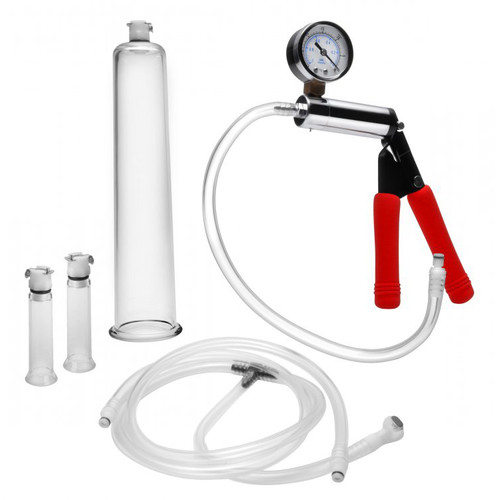 Size Matters Super Deluxe Pumping Kit is available at Dallas Novelty AE234 Our deluxe metal hand pump connects easily to any of the included cylinders, and the new and improved hose is more flexible for a better pumping experience. Choose the included penis cylinder, offered in our most popular size, to experience instant and measurable results. You can enjoy a firmer, larger, and longer lasting erection with no pills, creams, or schedules to worry about. If you feel like playing above the belt, you can attach the nipple cylinders to the T-hose connector and pump both up at the same time!