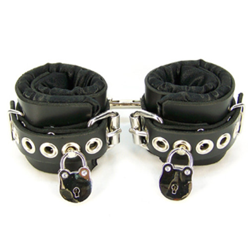 Axovus Locking Black Satin Lined Leather Wrist Bondage Cuffs