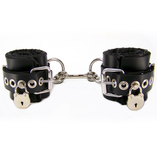 Axovus Locking Black Satin Lined Leather Ankle Bondage Cuffs