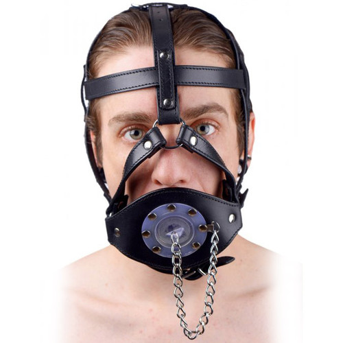 Strict Deluxe Plug It Up Open Mouth Leather Head Harness with Drain Plug