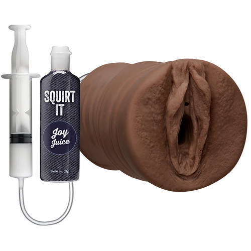 Buy the Squirt It UltraSkyn Realistic Squirting Pussy Vagina Stroker Male Masturbator with Joy Juice in Chocolate Flesh - Doc Johnson