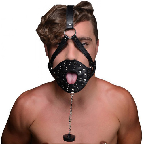 Strict Open Mouth Faux Leather Head Harness with Drain Plug