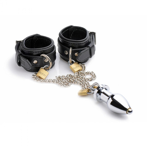 Buy the Locking Premium Leather Wrist Cuffs to Hollow Aluminum Anal Plug Bondage Kit - XR Brands Master Series