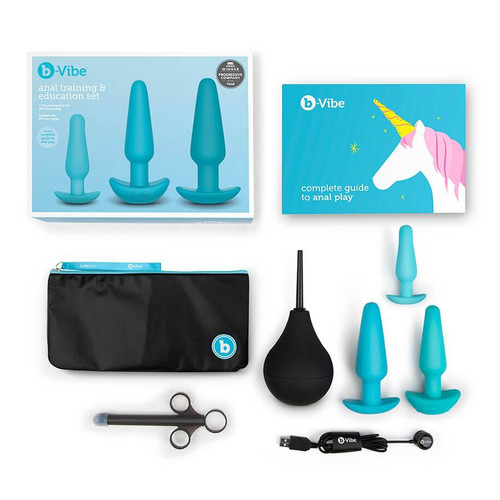 Buy the b-Vibe Anal Training & Education Set with Silicone Anal Butt Plug Enema Lube Launcher Play Guide Teal Blue - b-Vibe