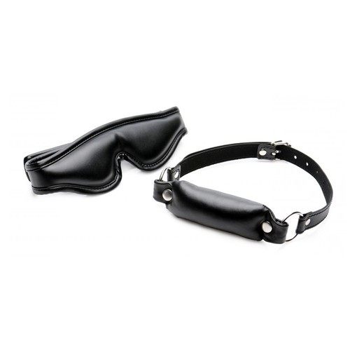 Buy the Padded Black Faux Leather Adjustable Bit Gag & Blindfold - XR Brands