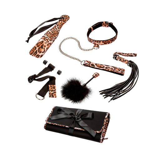 Buy the Unleashed Adventure 7-Piece Leopard Print Bondage Set with Travel Case Flogger with tassels, Dual sided Paddle, Feather Tickler, Adjustable Wrist or Ankle Velcro Cuffs, Dual sided Collar with Leash, Over The Door Sex Harness Restraint System - CalExotics Cal Exotics California Exotic Novelties