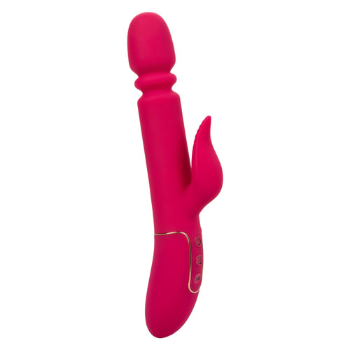 Buy the Shameless Charmer 11-function Thrusting Rechargeable Slender Silicone Dual Stimulating Vibrator in Magenta Pink & Gold - CalExotics