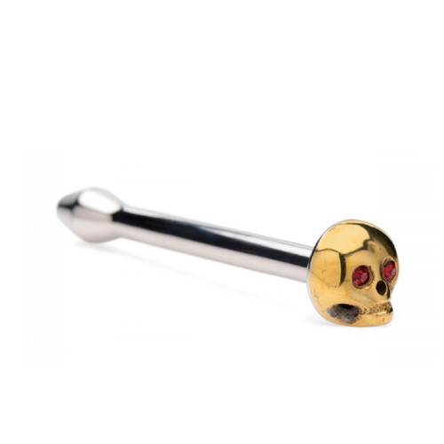 Buy the Stainless Steel Cum-Thru Urethral Sound with Brass Skull & Red Ruby Eyes - XR Brands Master Series