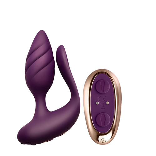 Buy the Cocktail 20-function Remote Control Rechargeable Flexible Silicone Dual Motor Couples Vibe & Anal Plug in Purple & Gold - Rocks Off Limited UK