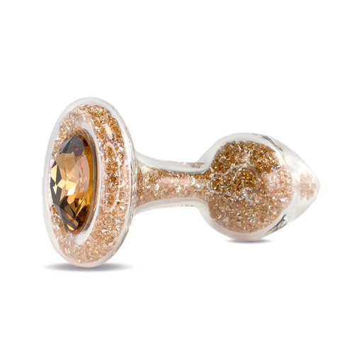 Buy the Sparkle Clear Glass Butt Plug with Gold Crystals & Golden Gem - Crystal Delights