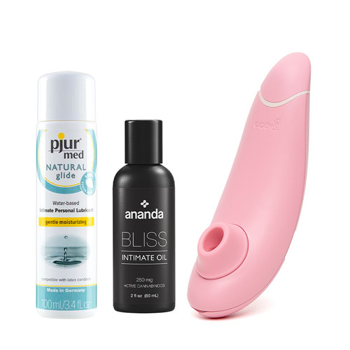 Buy the Pleasure Trip Gaia's Pleasure Bundle with Womanizer Premium eco with Pleasure Air Technology Pjur Med Natural Water-Based Lubricant Personal Lubricant Ananda Bliss Full Spectrum Intimate Oil - Wow tech group Standard Innovations wevibe