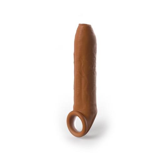 Buy the Fantasy X-tensions Elite Silicone 8 inch Uncut Penis Extension Sleeve with Ball Strap in Caramel Tan Flesh ppa - Pipedream Products