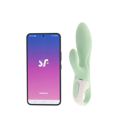 Buy the Air Pump Bunny 5+ 12-function Connect App-controlled Bluetooth Rechargeable Inflatable Silicone Rabbit Vibrator in Mint Green - EIS Satisfyer