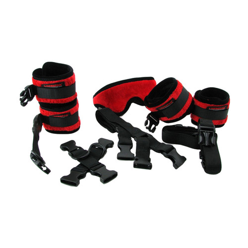 Buy the Black Label Bed Buckler Tether & Cuff Restraint System Fluffy Red & Black - OneUp Innovations Liberator Luvu Brands