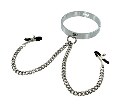 Chrome Slave Collar with Nipple Clamps Medium/Large