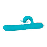 Buy the Show Stopper 19-function Rechargeable Thrusting Silicone Rabbit Vibrator with Fluttering Clit Stimulator in Turquoise Blue - Evolved Novelties