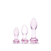 Buy the Rosebud 3-Piece Pink Borosilicate Glass Butt Plug Set flower anal sex - Glas Hustler Electric Eel Lingerie