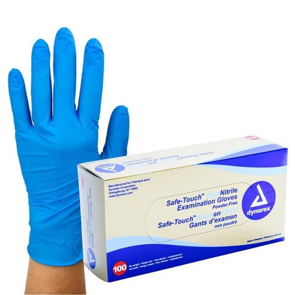Dynarex Safe-Touch Blue Nitrile Exam Gloves, Powder-Free Box View