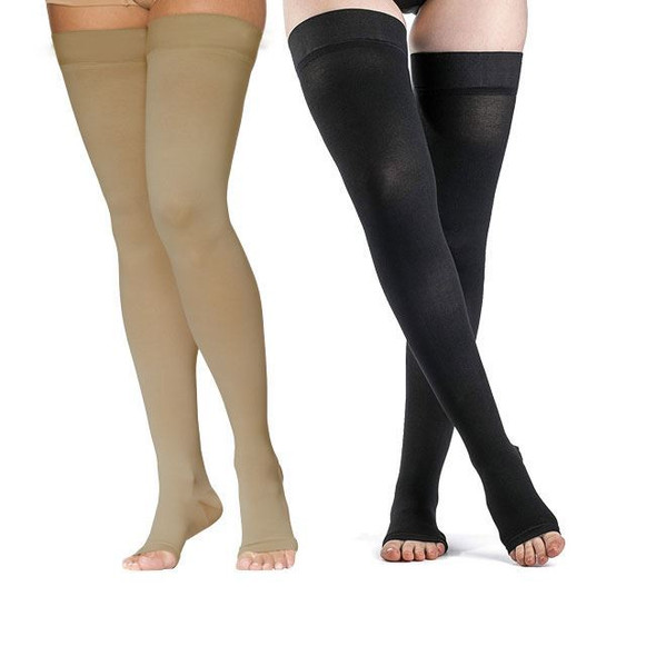 Sigvaris Dynaven Medical Legwear - Thigh High 20-30mmHg Compression Support Stockings (Open Toe - Grip Top) Full Length View Sigvaris Dynaven Medical Legwear - Thigh High 20-30mmHg Compression Support Stockings (Open Toe - Grip Top) Full Length View