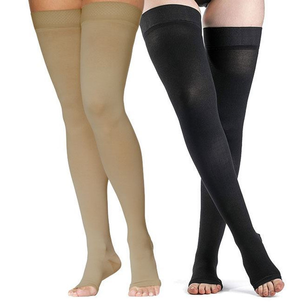 Sigvaris Dynaven Medical Legwear - Thigh High 30-40mmHg Compression Support Stockings (Open Toe - Grip Top) Full Length View Sigvaris Dynaven Medical Legwear - Thigh High 30-40mmHg Compression Support Stockings (Open Toe - Grip Top) Full Length View