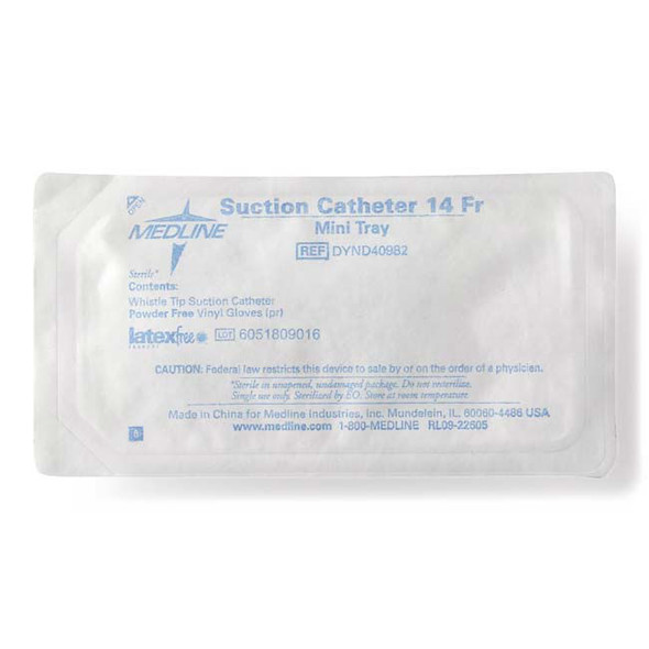 Medline Open Suction Mini Tray with 14 Fr Catheter and Gloves Top of Package View Medline Open Suction Mini Tray with 14 Fr Catheter and Gloves Top of Package View