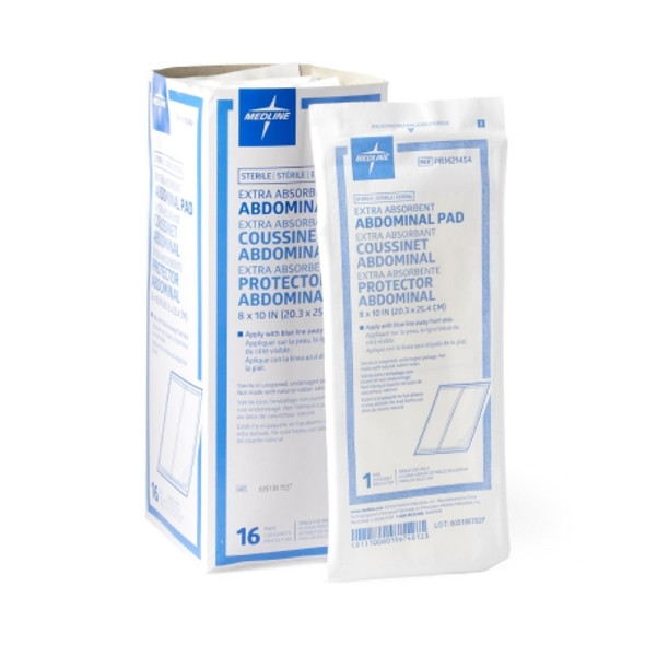 Abdominal Pad Caring® 8 X 10 Inch 16 per Pack NonSterile Rectangle Box and Each Abdominal Pad Caring® 8 X 10 Inch 16 per Pack NonSterile Rectangle Box and Each