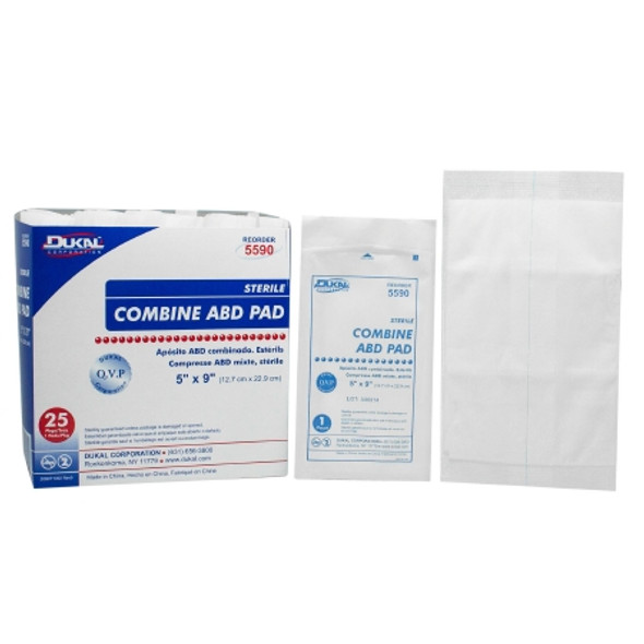 Abdominal Pad Dukal™ 5 X 9 Inch 1 per Pack Sterile 1-Ply Rectangle box and each Abdominal Pad Dukal™ 5 X 9 Inch 1 per Pack Sterile 1-Ply Rectangle box and each
