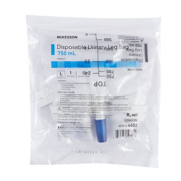 McKesson Urinary Leg Bag with Anti-Reflux Valve with twist valve package