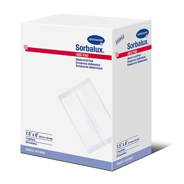Abdominal Pad Sorbalux® ABD 7-1/2 X 8 Inch 1 per Pouch Sterile 1-Ply Rectangle Abdominal Pad Sorbalux® ABD 7-1/2 X 8 Inch 1 per Pouch Sterile 1-Ply Rectangle
