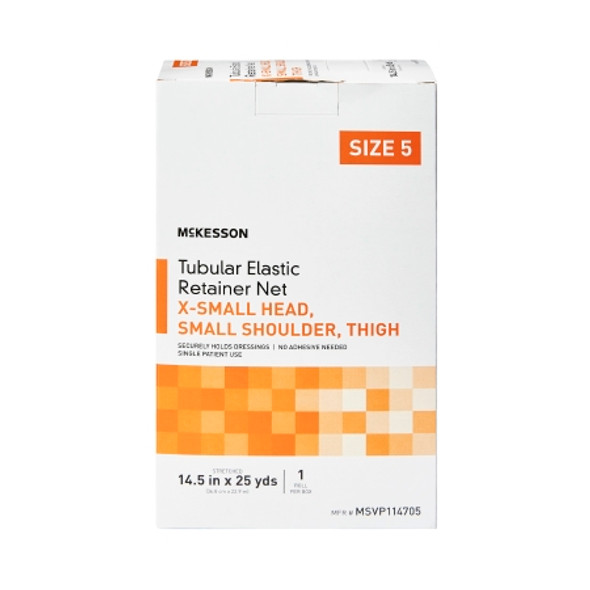 Elastic Net Retainer Dressing McKesson Tubular Elastic 14-1/2 Inch X 25 Yard Size 5 White X-Small Head / Small Shoulder / Thigh NonSterile box Elastic Net Retainer Dressing McKesson Tubular Elastic 14-1/2 Inch X 25 Yard Size 5 White X-Small Head / Small Shoulder / Thigh NonSterile box