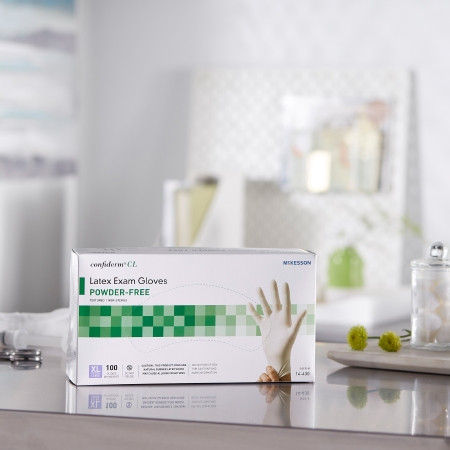 McKesson Confiderm Latex Exam Glove, Textured Fingertips in home setting