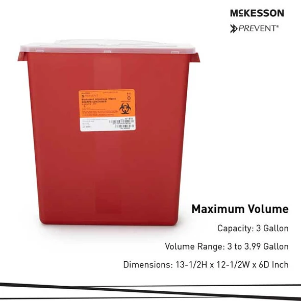 McKesson Prevent Red Sharps Container, 3 gallon  - capacity information