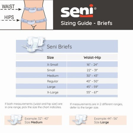 Seni Classic Plus Briefs with Tabs, Moderate Absorbency - Sizing Chart