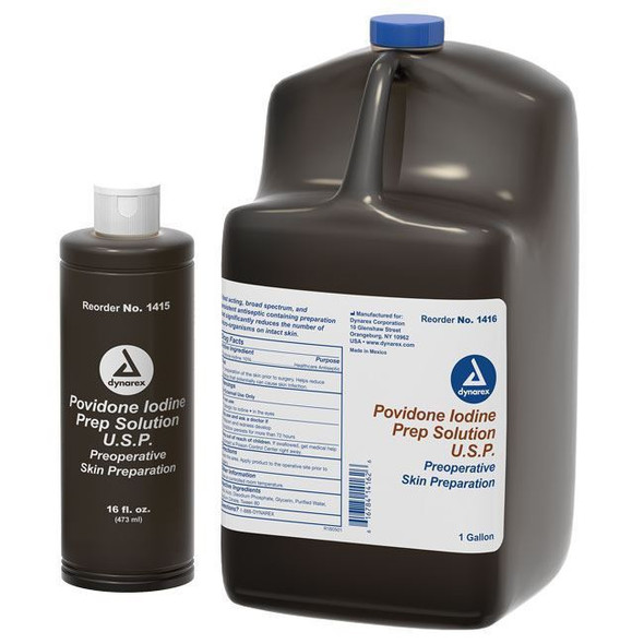 Dynarex - Povidone-Iodine (PVI) Prep Solution Gallon and Bottle Front View Dynarex - Povidone-Iodine (PVI) Prep Solution Gallon and Bottle Front View