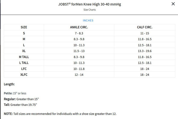 Jobst forMen - Men's 15-20mmHg Compression Support Socks sizing chart view Jobst forMen - Men's 15-20mmHg Compression Support Socks sizing chart view