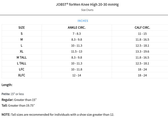 Jobst forMen - Men's 20-30mmHg Compression Support Socks sizing chart view Jobst forMen - Men's 20-30mmHg Compression Support Socks sizing chart view