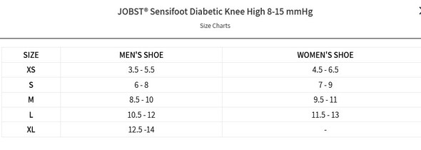 Jobst SensiFoot - Knee High 8-15mmHg Diabetic Compression Support Socks sizing chart view