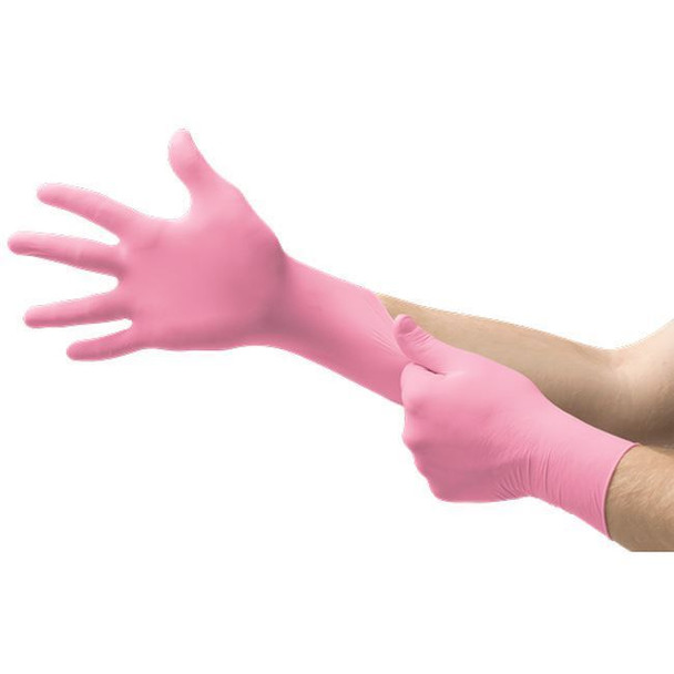 Ansell Micro-Touch - Nitrafree Pink Nitrile Synthetic Exam Gloves In Use View