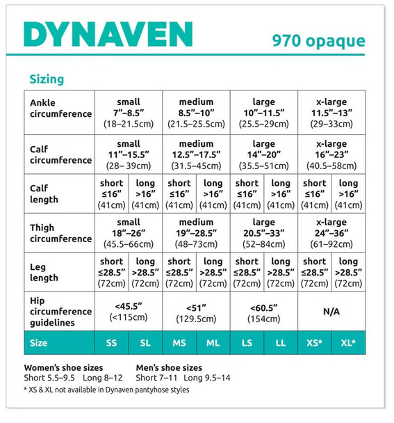 Sigvaris Dynaven Medical Legwear - Men's Thigh High 30-40mmHg Compression Support Stockings (Grip Top) Sizing Chart View