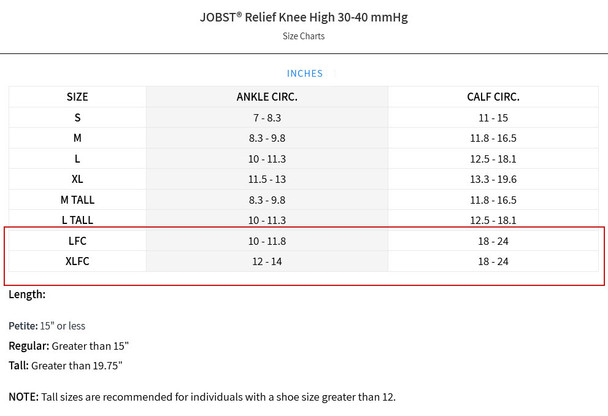 Jobst Relief - Full Calf Knee High 30-40mmHg Compression Support Stockings Sizing Chart View