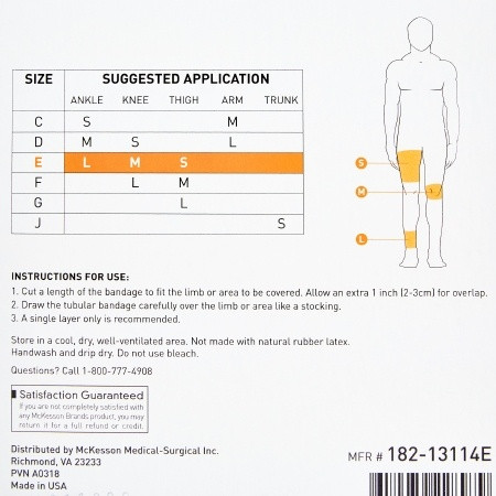 Elastic Tubular Support Bandage McKesson Spandagrip™ 3-1/2 Inch X 11 Yard Large Ankle / Medium Knee Pull On Natural NonSterile Size E Standard Compression size chart