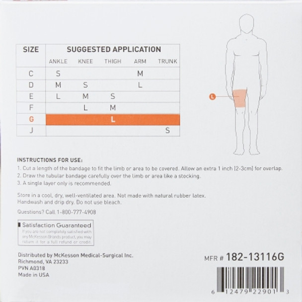 Elastic Tubular Support Bandage McKesson Spandagrip™ 4-1/2 Inch X 11 Yard Large Thigh Pull On Natural NonSterile Size G Standard Compression back of box