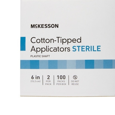 McKesson Cotton Tip Plastic Shaft 6 Inch Sterile 2 per Pack, box close up